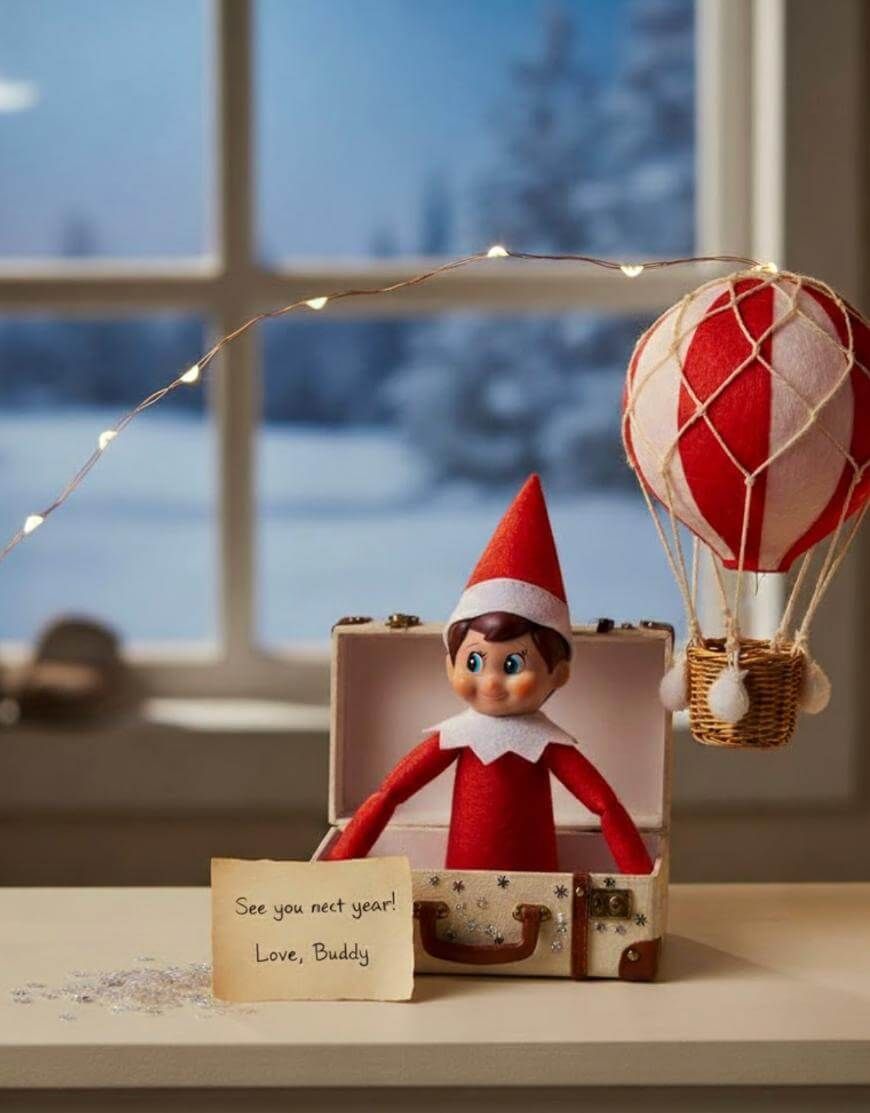Elf on the Shelf sitting beside a small vintage suitcase and a mini hot air balloon with a note that says see you next year