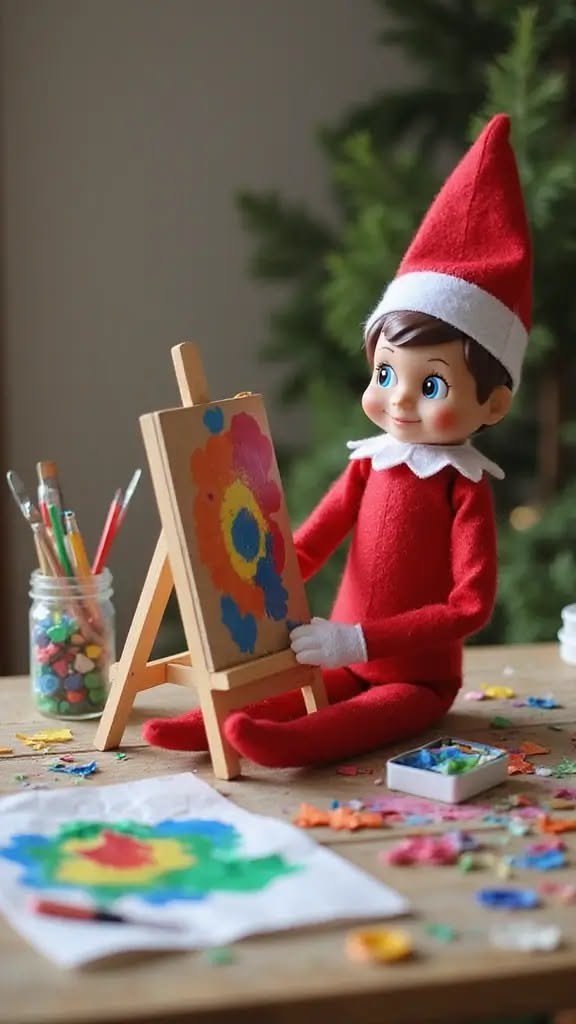 Elf on the Shelf sitting at a small easel painting a colorful picture, surrounded by paintbrushes and scattered paint