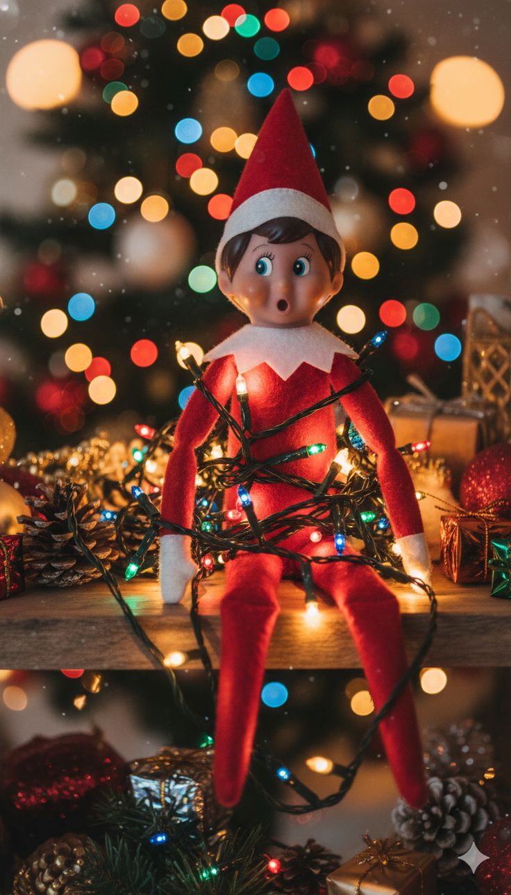 Elf on the Shelf tangled up in a string of colorful Christmas lights with a surprised expression in front of a lit tree