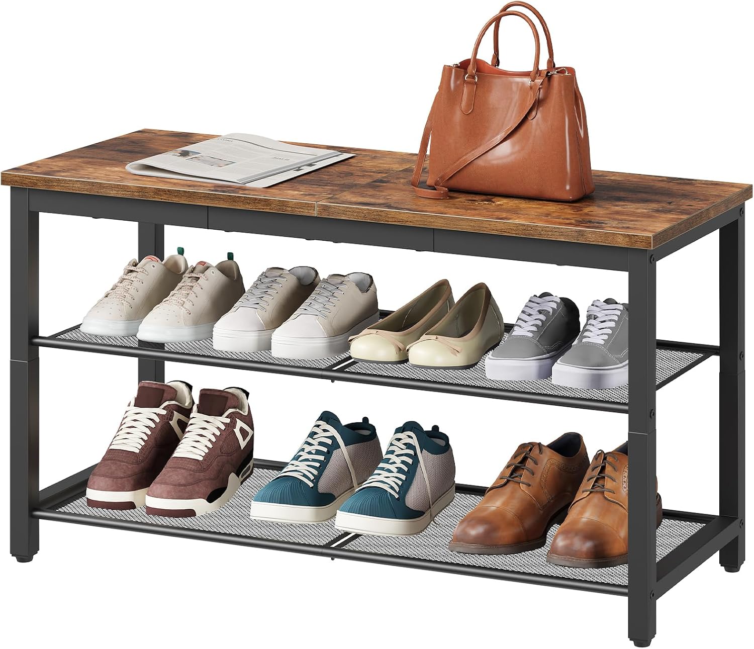 HOOBRO 3-Tier Industrial Shoe Bench, Entryway Storage Bench