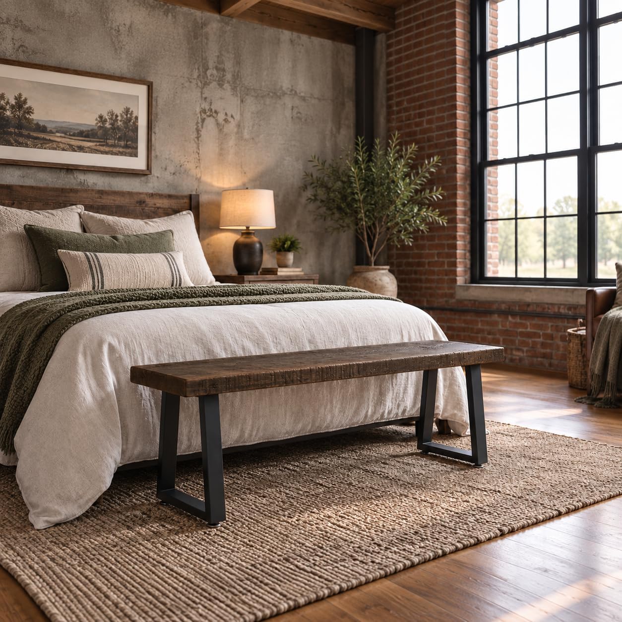 Rustic Revival Reclaimed Barnwood Bench, Solid Wood with Metal Base