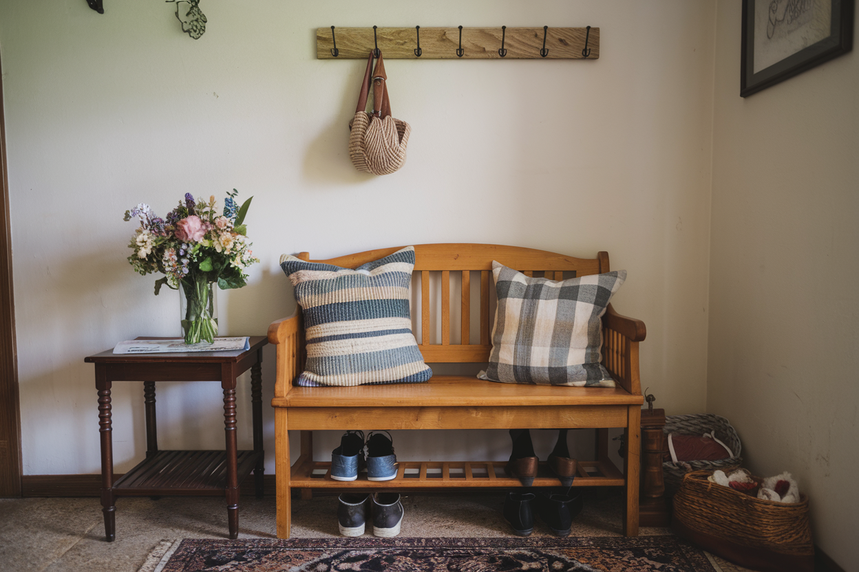 Cozy entryway featuring a stylish wooden bench