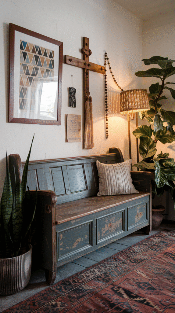 Vintage repurposed bench offering unique entryway character