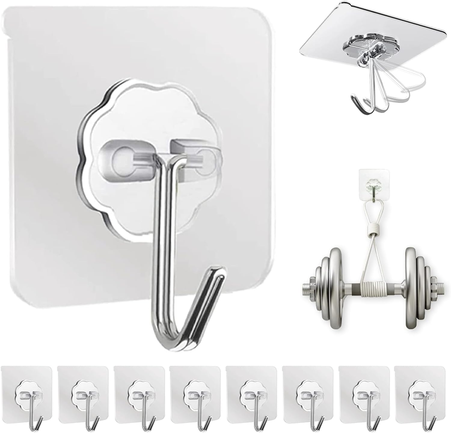 DDMY Heavy Duty Clear Adhesive Wall Hooks, 50 lb Max, 10 Pack