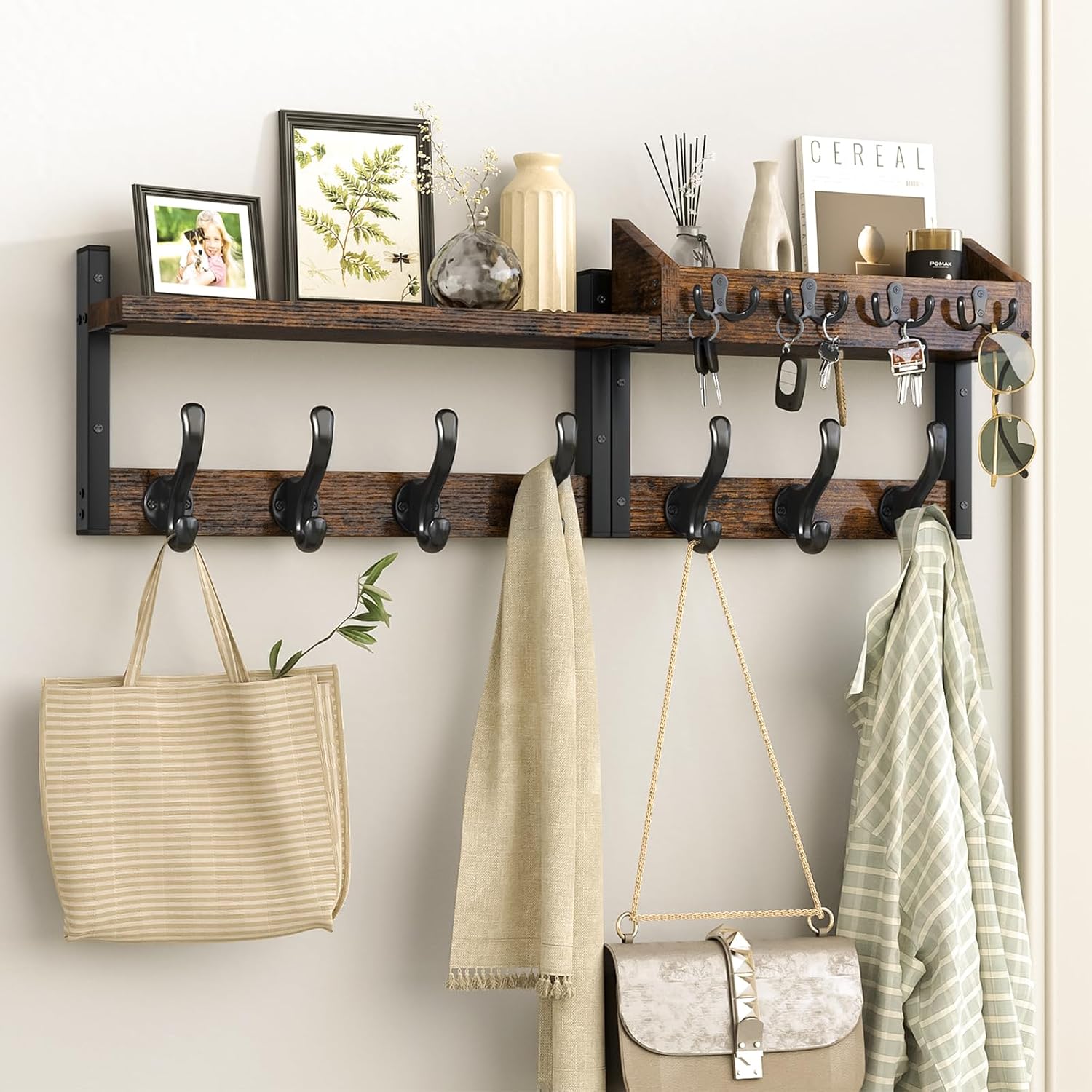 Evermagin 29 Inch Wall Mount Coat Rack with Shelf for Entryway, Rustic Brown