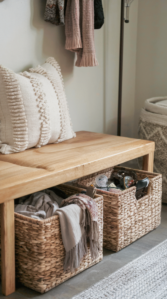 Baskets catching small daily items in the drop zone wall