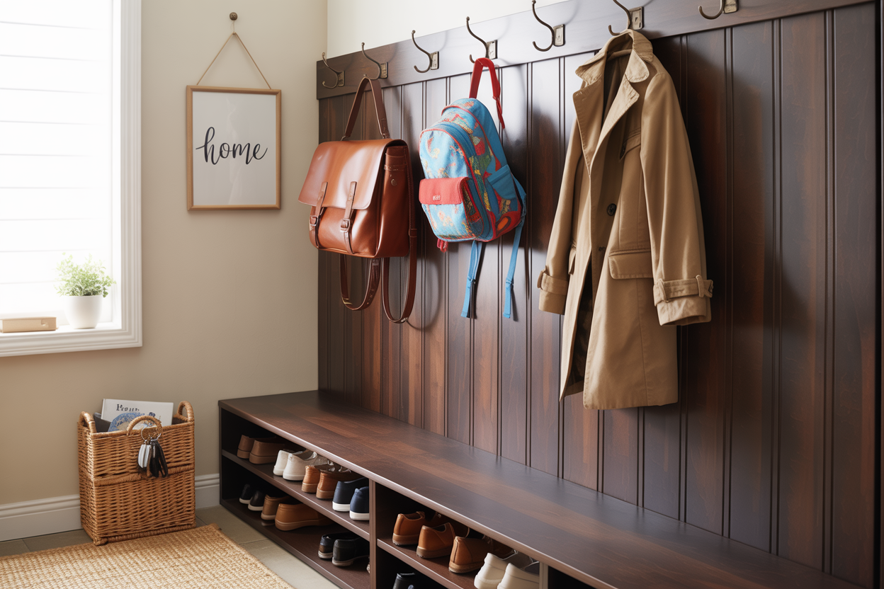 Meticulously organized entryway drop zone wall