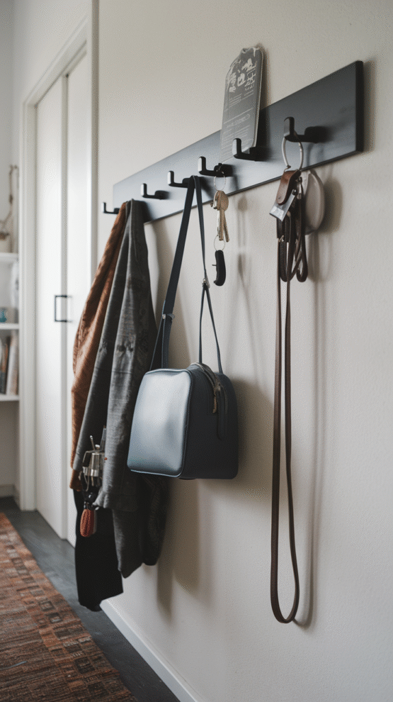 Wall-mounted hooks providing simple, effective storage