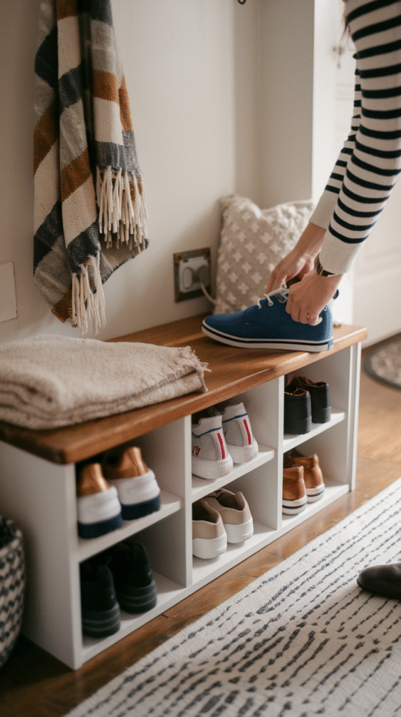 Seating adding next-level functionality to the entryway wall