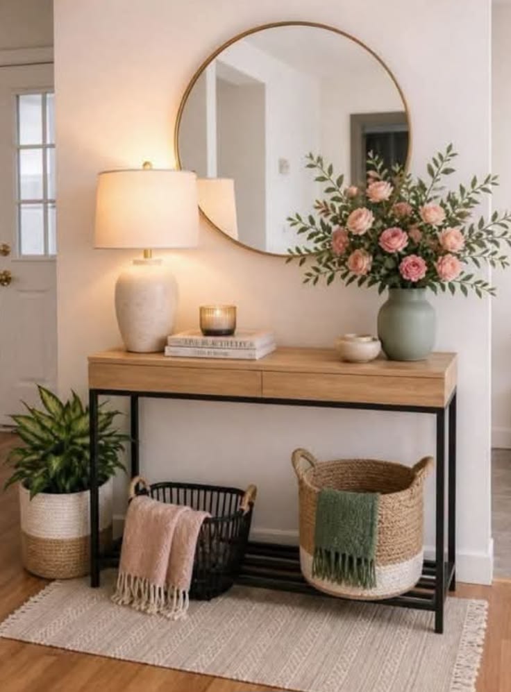 Entryway table with an off-center lamp, sage vase of roses and two baskets underneath