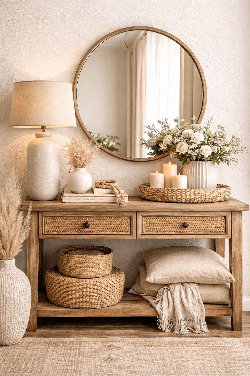 Pampas grass vase and brass candlesticks of varying heights on an entryway table beneath a round mirror