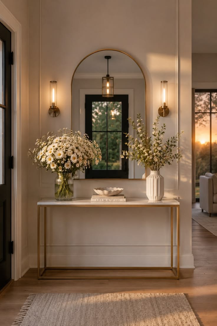 Narrow console table with a round mirror above it