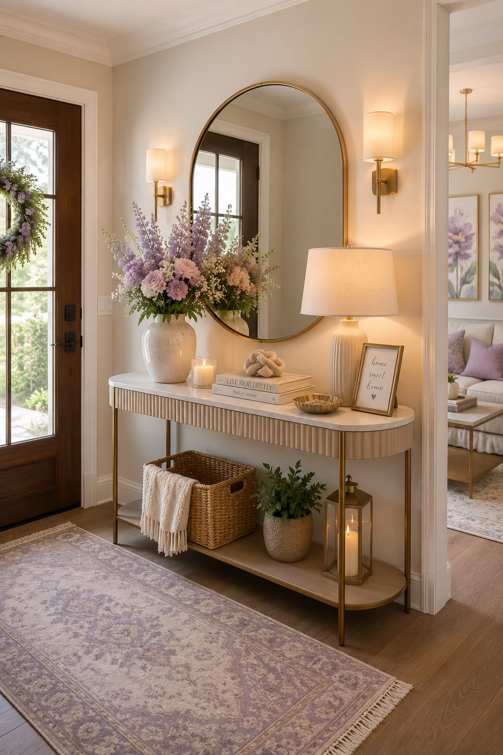 Large entryway table with wall sconces, a table lamp, vase and rattan stool for scale