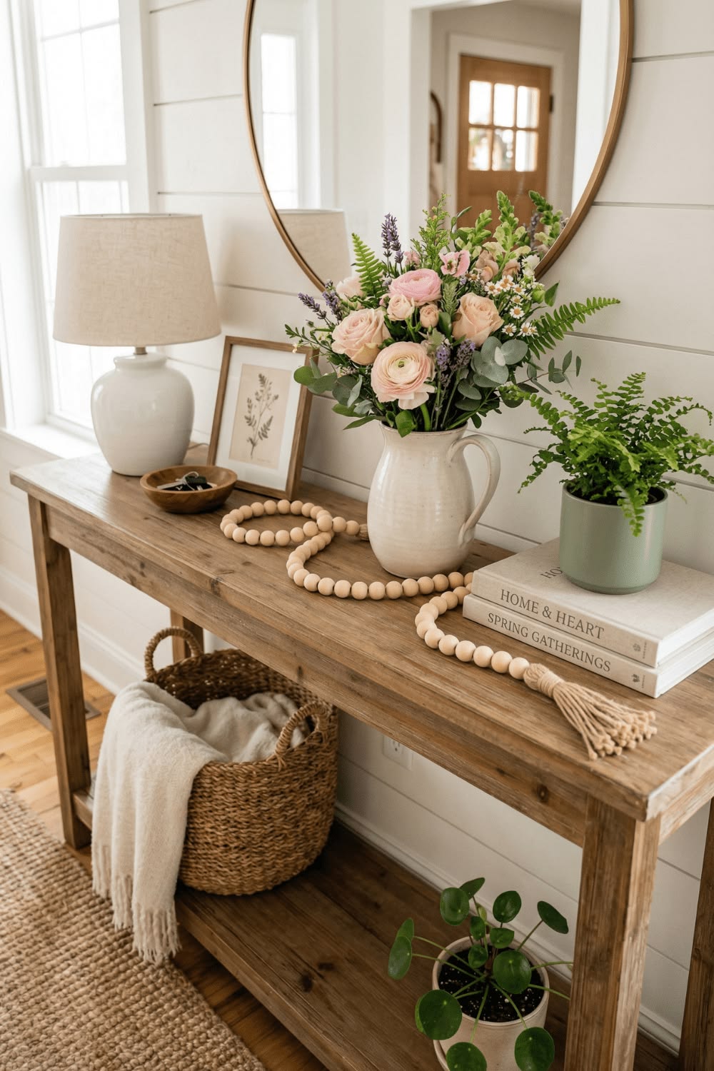 Farmhouse entryway table with a wood bead garland, ceramic pitcher of flowers and woven basket beneath