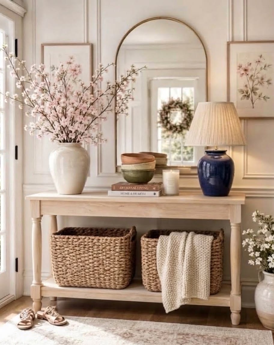 Entryway table mixing a navy ceramic lamp, stacked stoneware bowls and cherry blossom branches