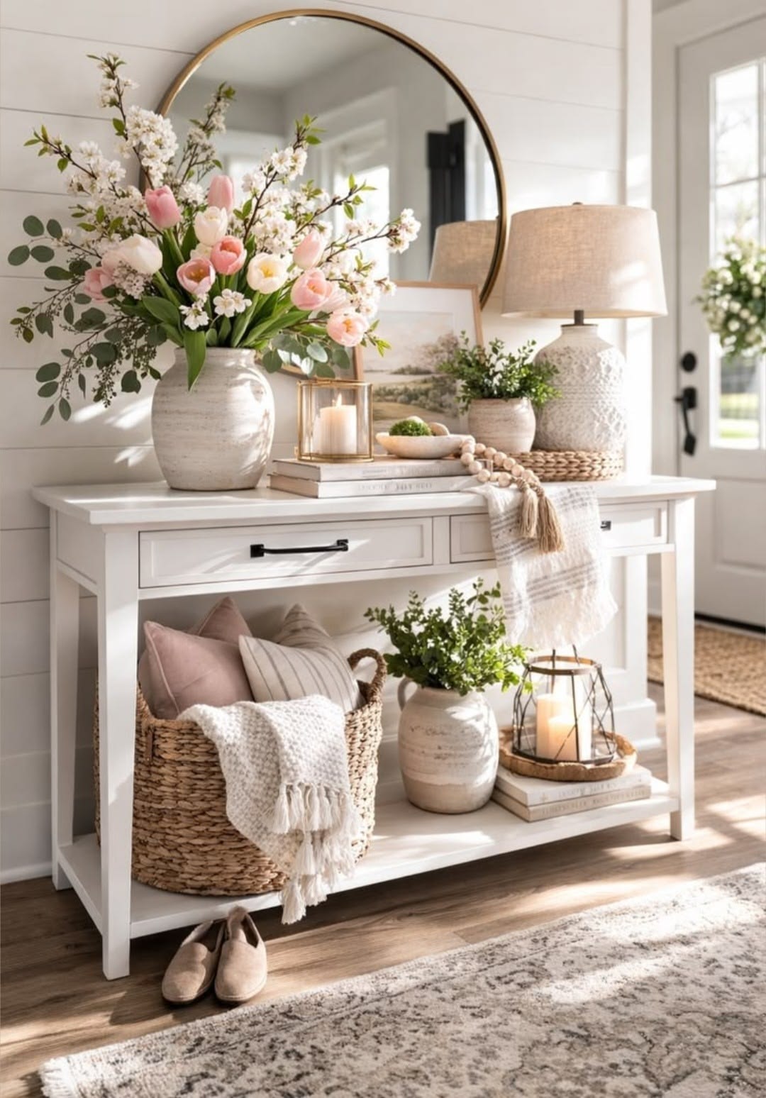 Large statement pitcher filled with pink and white flowers on a white entryway console