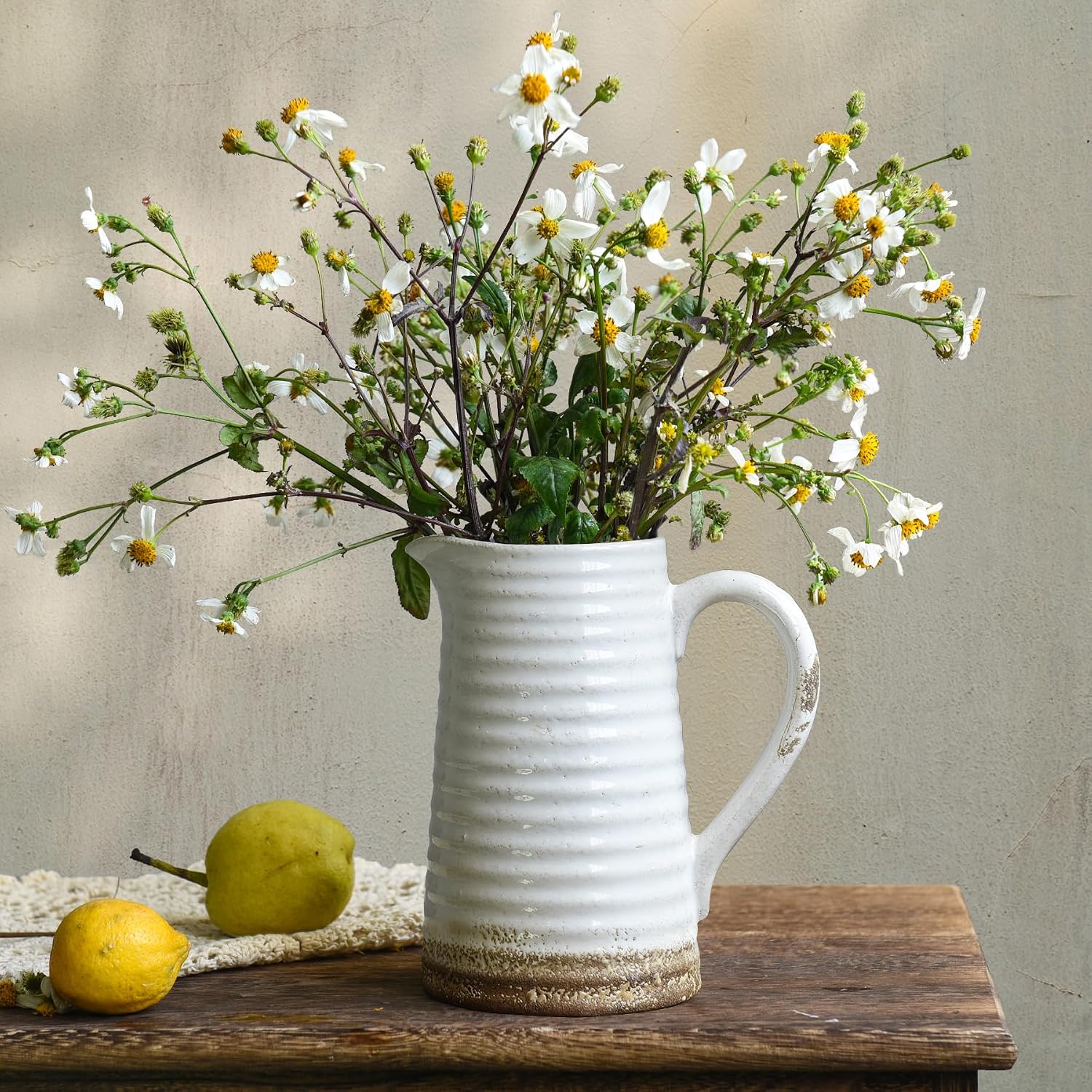 Quoowiit Ceramic Rustic Vase with Handle, White Distressed