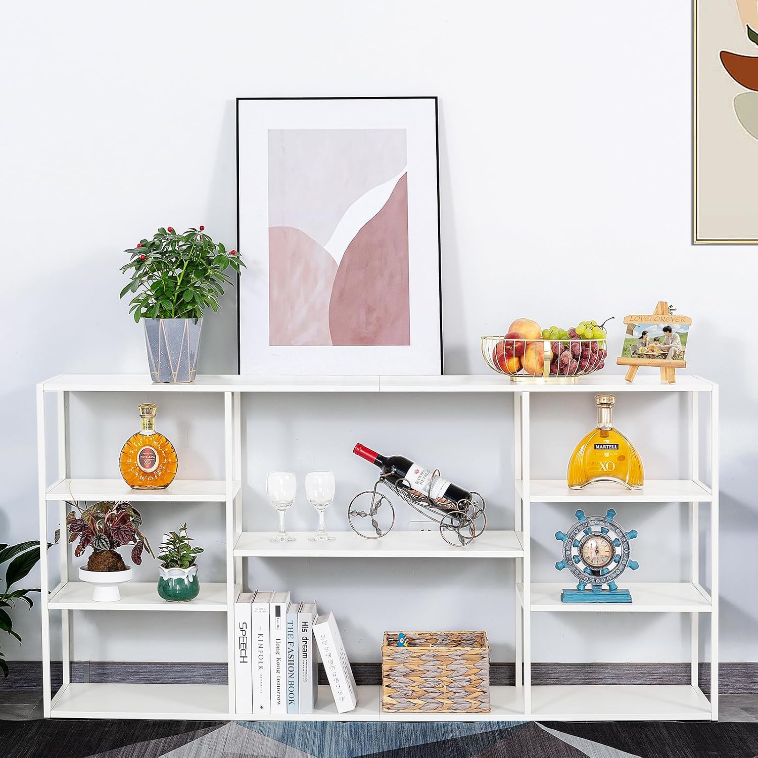 63 Inch Metal Console Table with 8 Storage Shelves, White