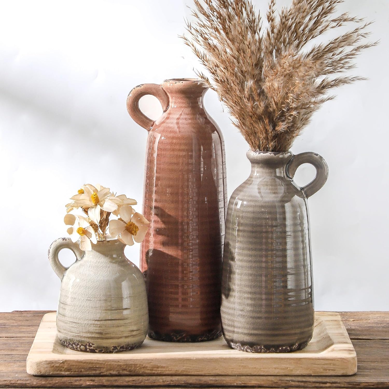 Ceramic Vases Set of 3, Rustic Farmhouse Vase with Handle, Brown