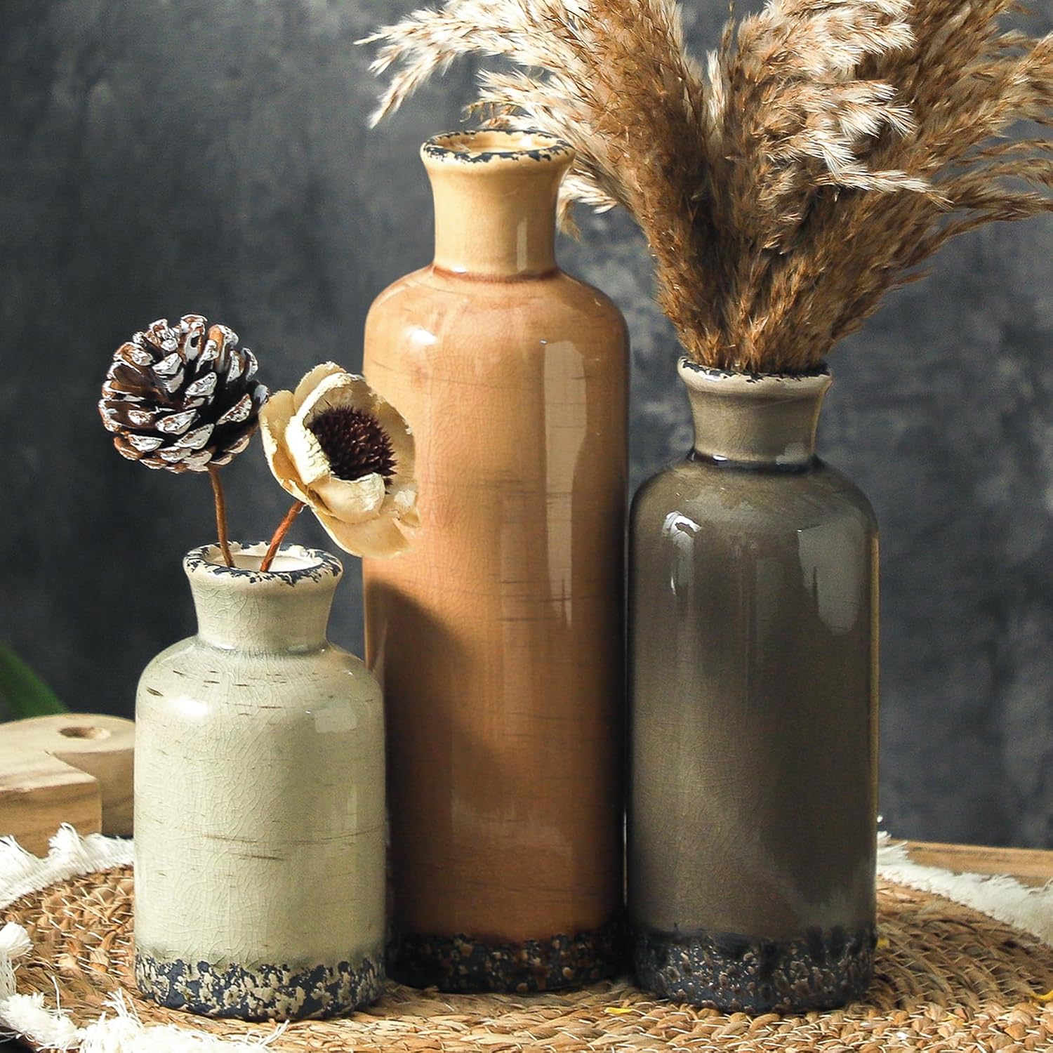 Ceramic Vase Set of 3, Neutral Flower Vases Home Decor, Brown