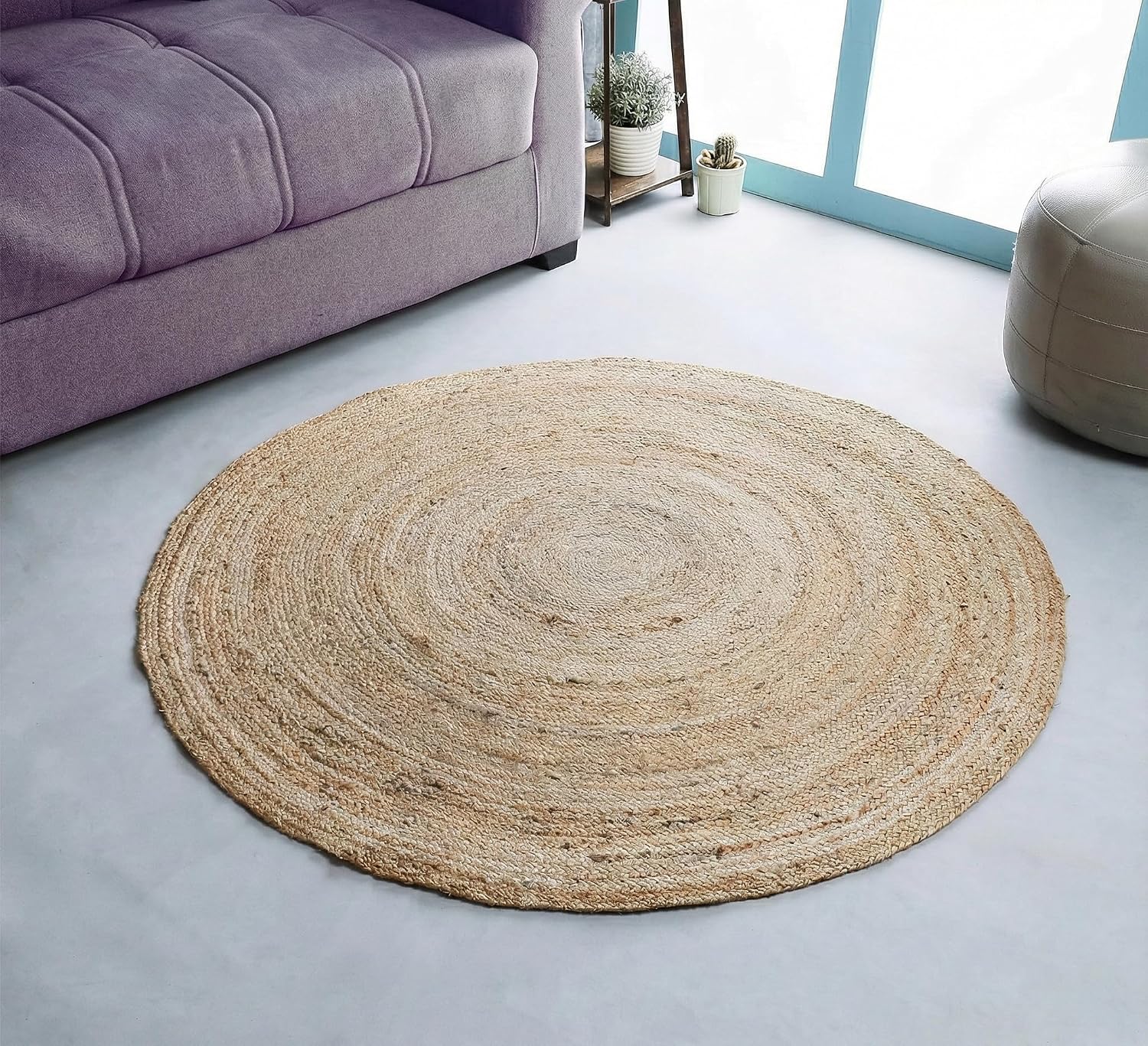 Hausattire Jute Braided Woven Round Area Rug, 4 Feet, Natural