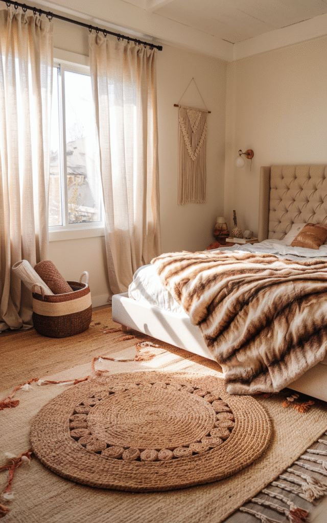 Bedroom corner with a macrame wall hanging, a faux fur striped throw on the bed, linen curtains and a woven jute storage basket