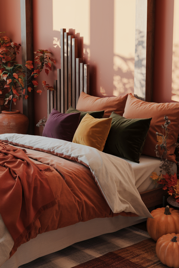Warm fall color palette expressed through bedroom textiles