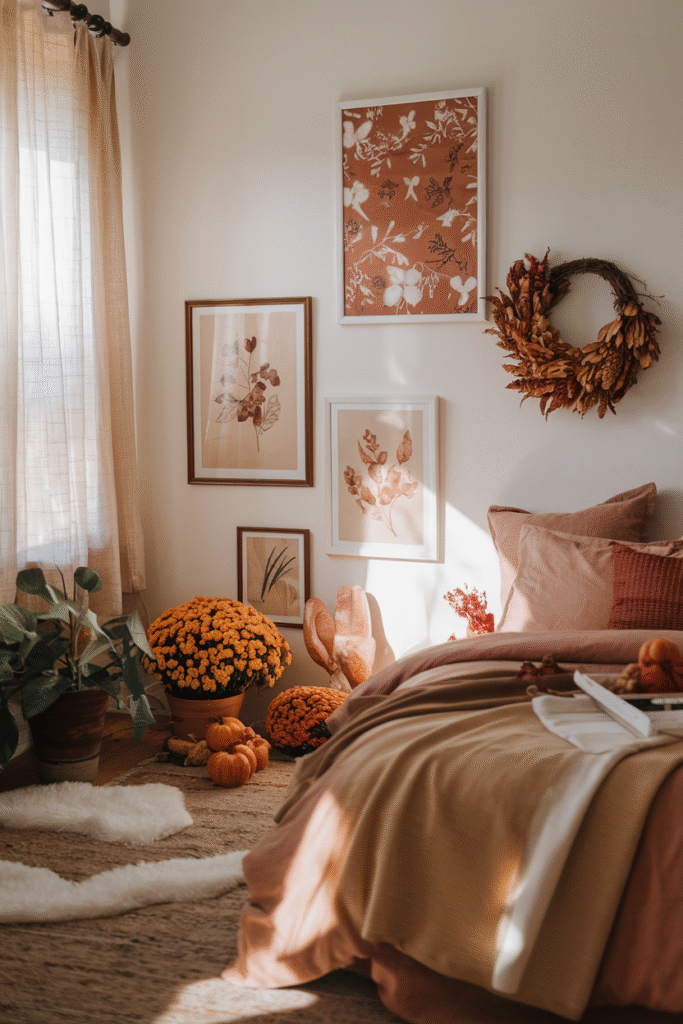 Properly layered fall bedding with sheets, duvet and throw