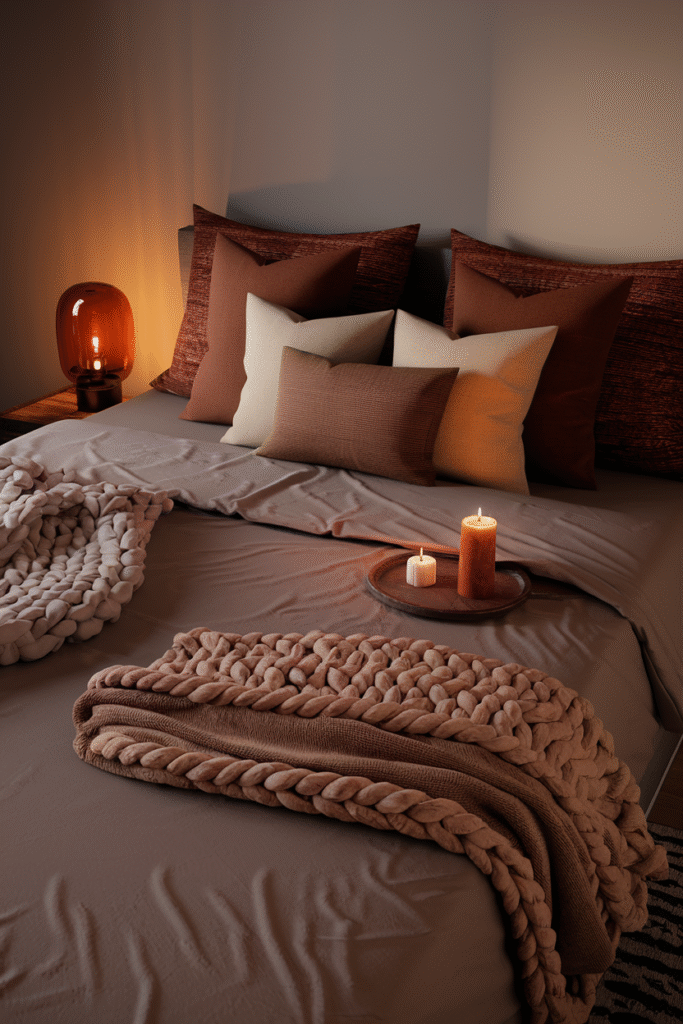 Finished fall bedroom setup combining cozy textiles and warmth
