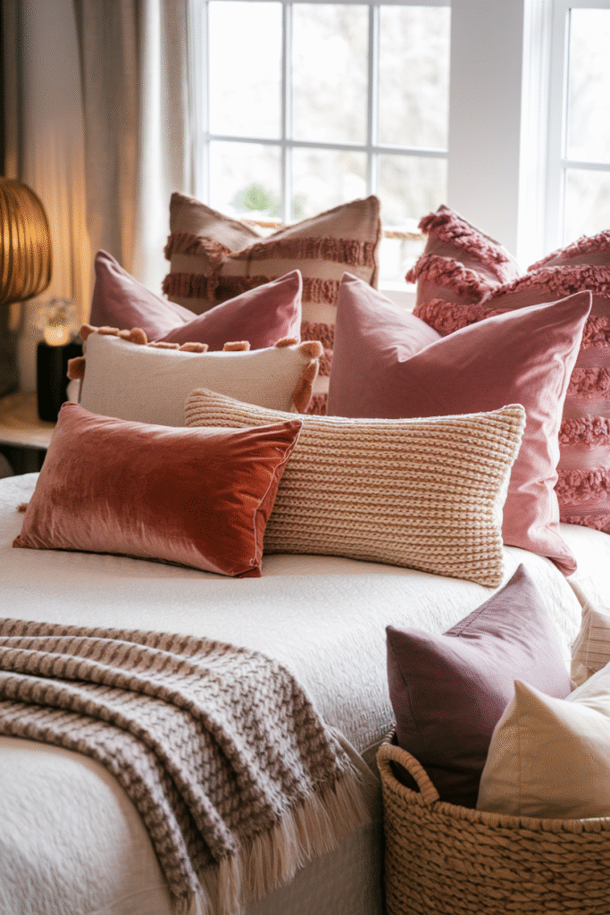 Seasonal pillow covers styled on a fall bedroom bed