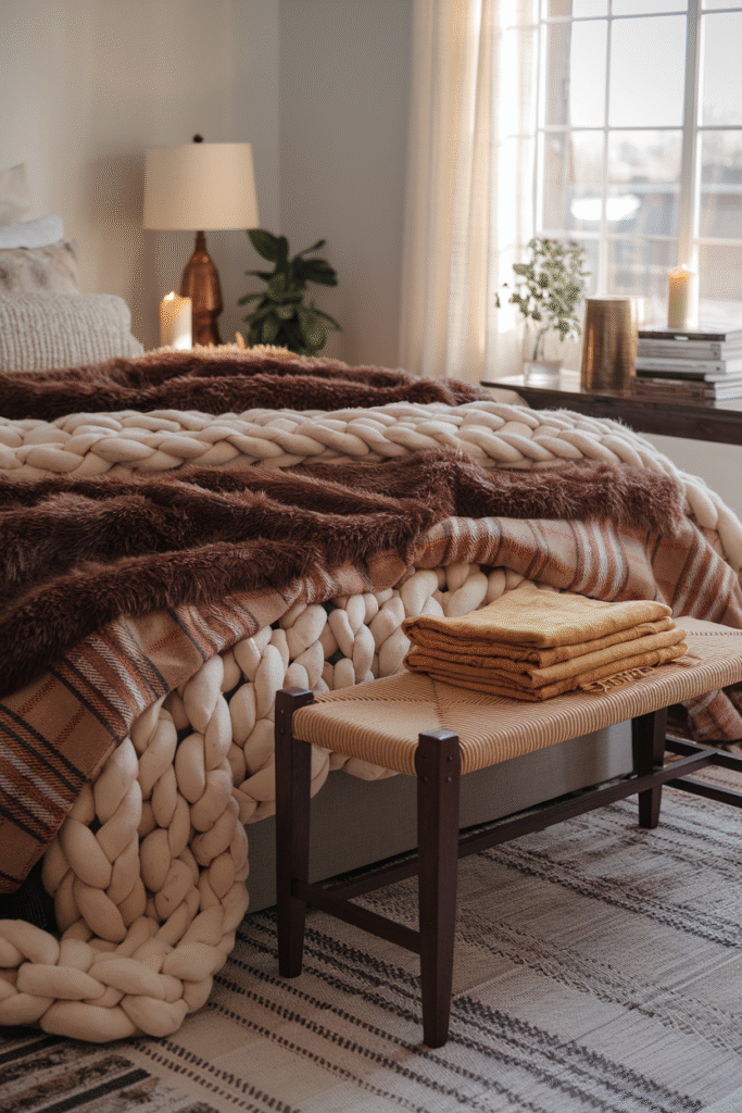 Soft sherpa throw draped at the foot of the bed