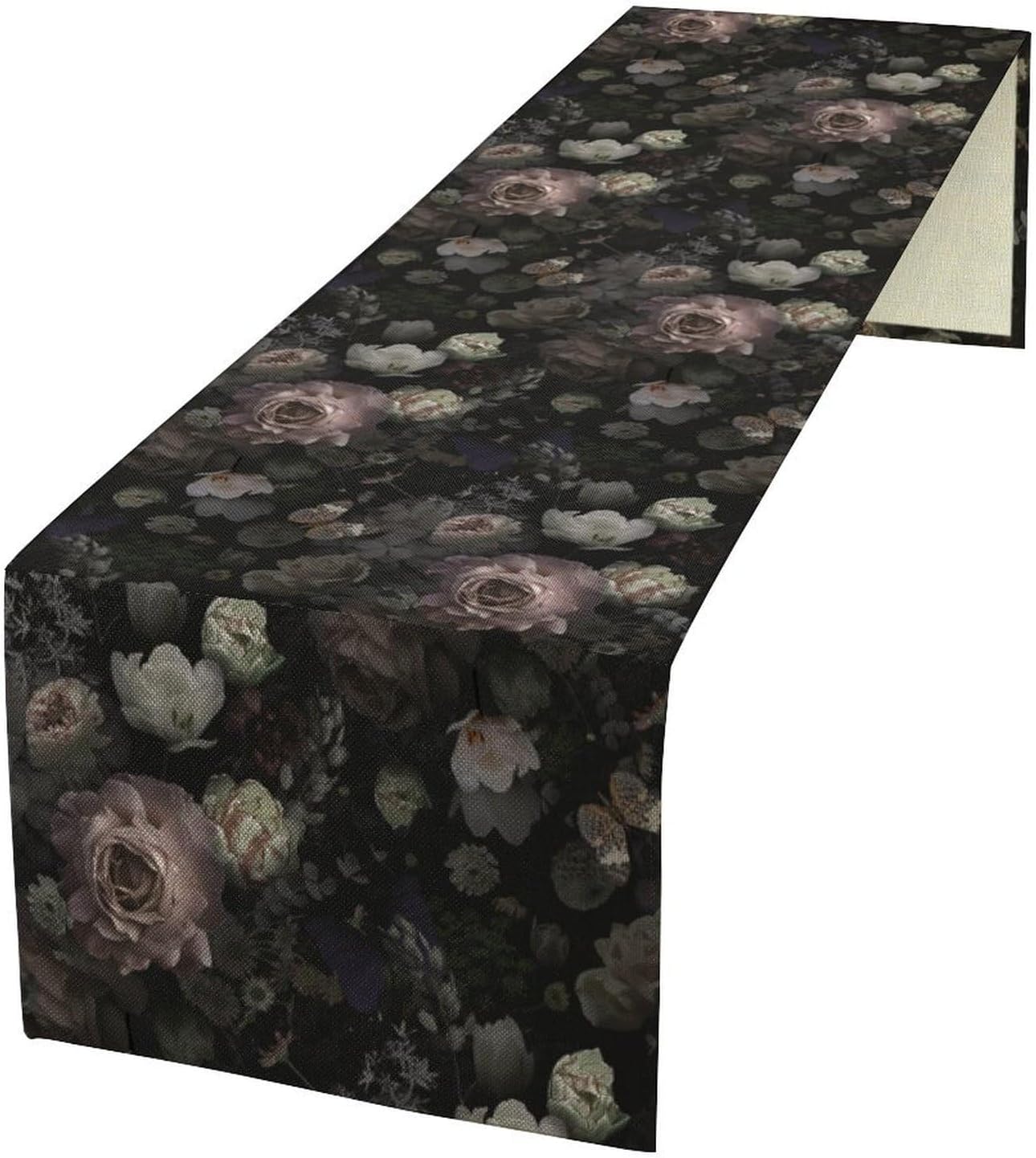 Vintage Floral Table Runner, Black with Pink Roses, Gothic Garden
