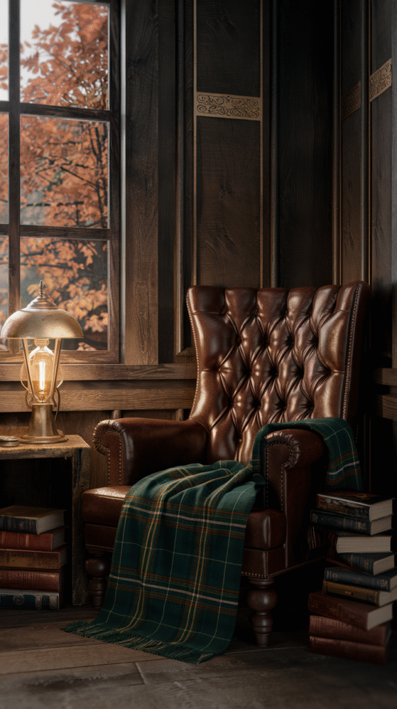 Dark academia aesthetic blending with cozy cabin warmth