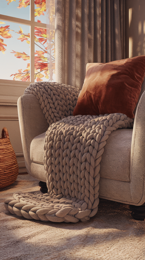 Layered chunky knit and woven textures creating real fall coziness