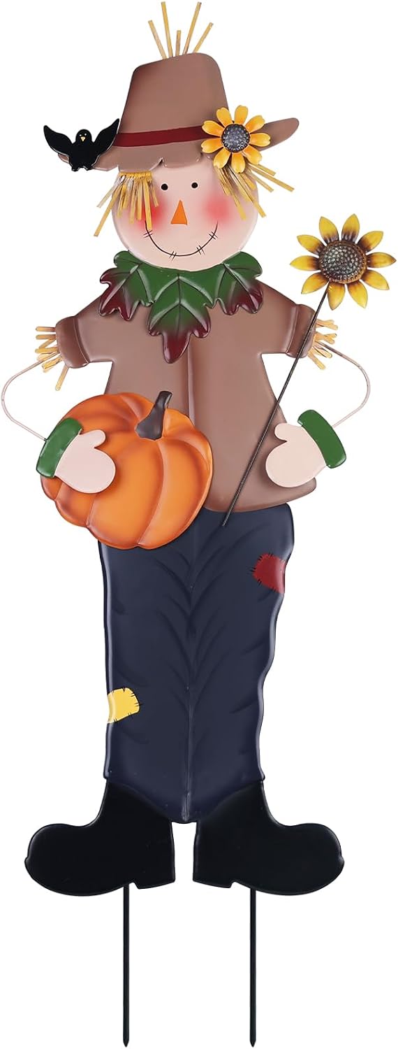 YEAHOME Metal Boy Scarecrow Garden Stakes with Pumpkin and Sunflower
