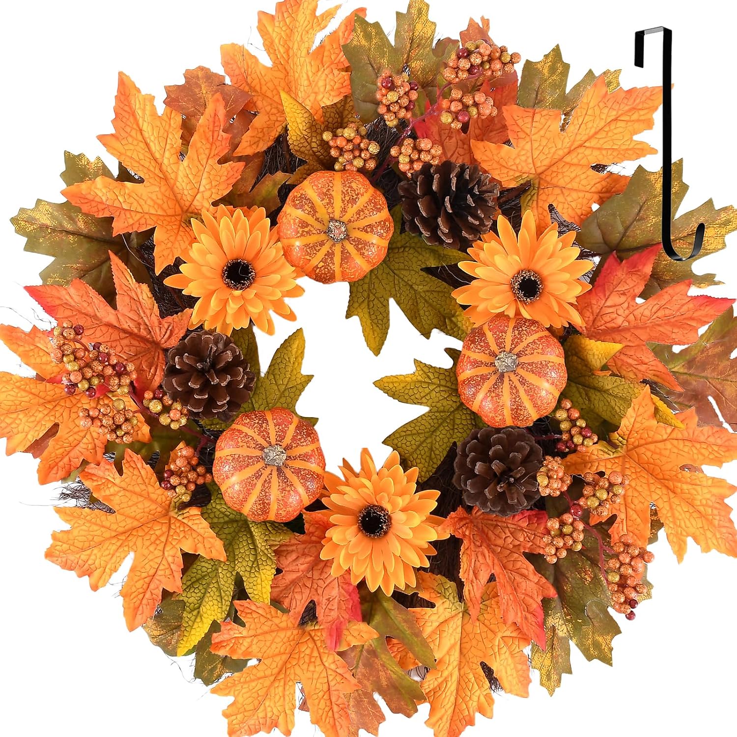Wellsign 24 Inch Fall Wreath for Front Door with Metal Hanger