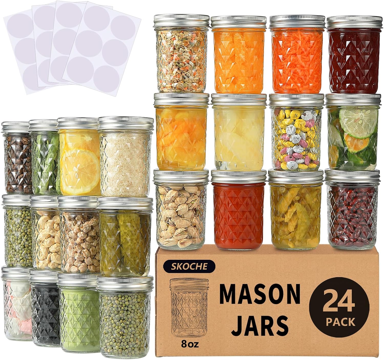 SKOCHE 8 oz Half Pint Mason Jars with Lids and Bands, 24 Pack