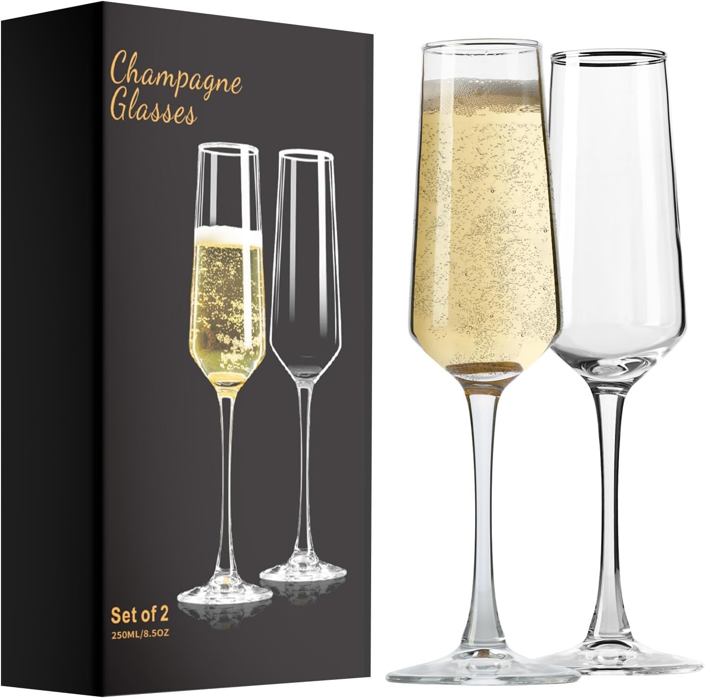 PARACITY Clear Glass Champagne Flutes, Set of 2, 8.5 oz