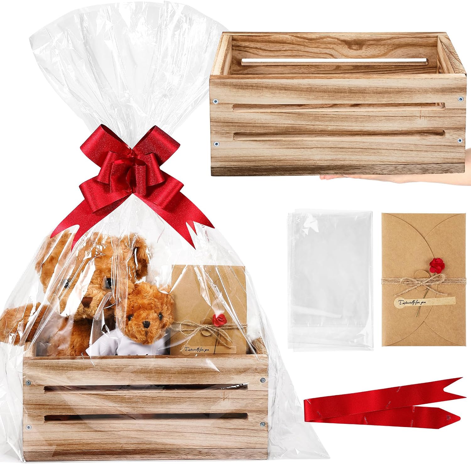 Wonderjune Large Empty Wooden Gift Basket with Bag, Ribbon and Card