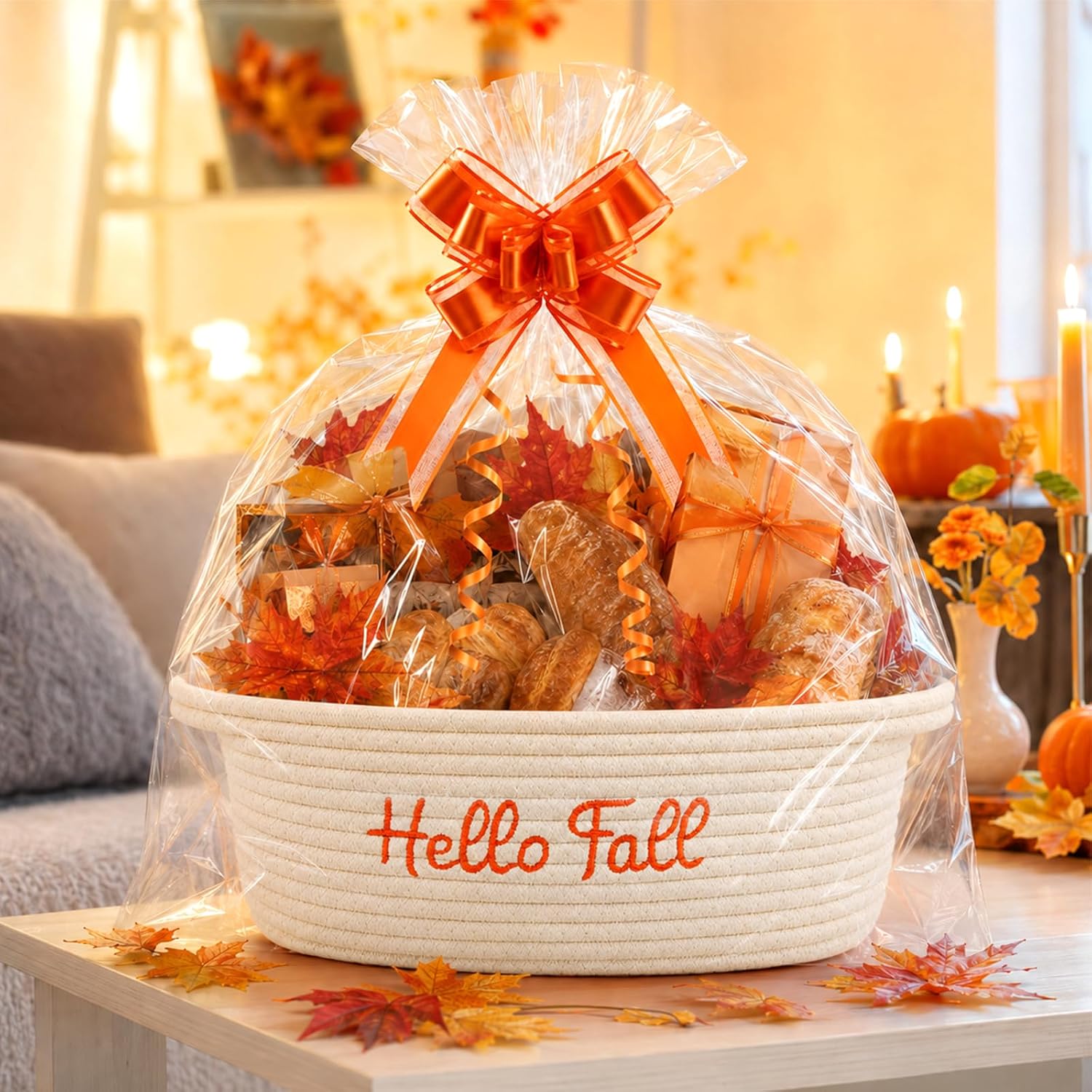 Hello Fall Woven Gift Basket with Bow and Embroidered Lettering