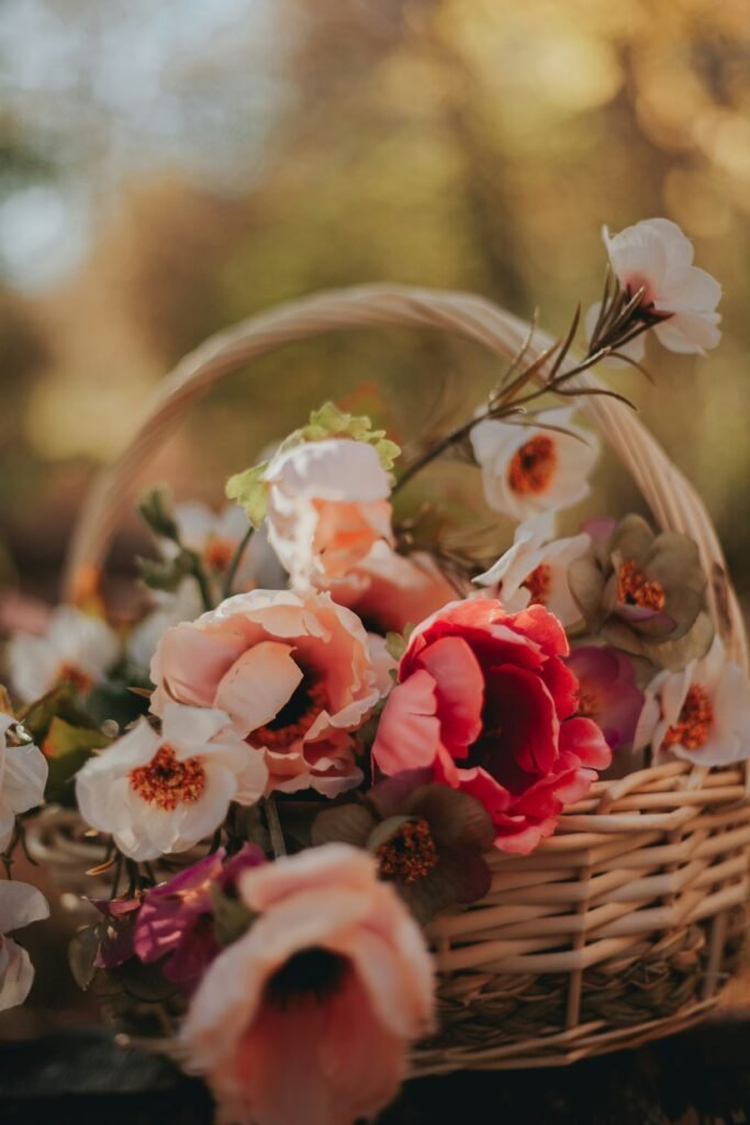 An elegant fall wedding gift basket with polished, refined styling