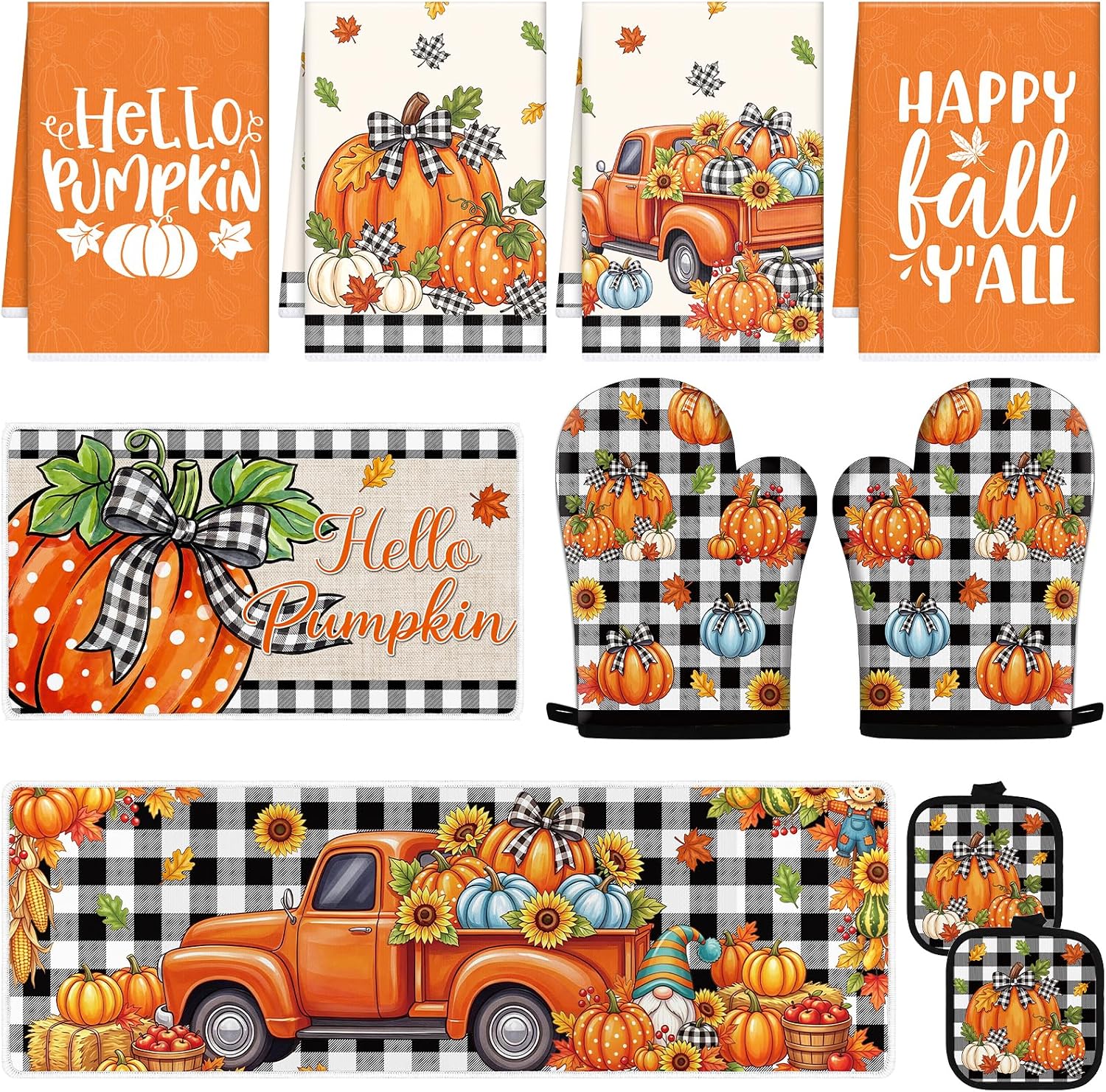 Fall Kitchen Decor Set, 10 Pcs, Hello Pumpkin Mats, Towels, Oven Mitts and Pot Holders