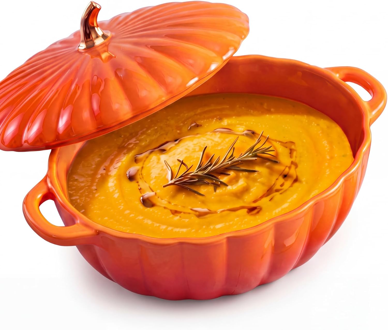 Orange Pumpkin Ceramic Casserole Dish with Lid and Dual Handles