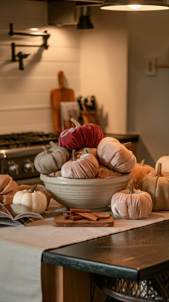 Mini faux pumpkins styled as charming fall accents