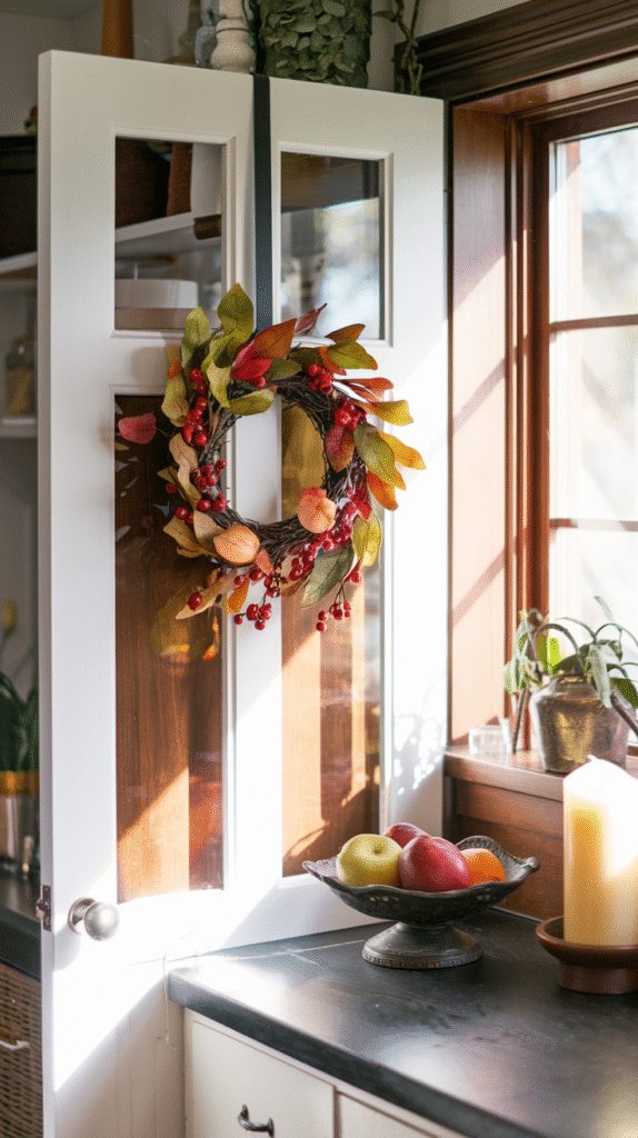 Mini fall wreath decorating a pantry door