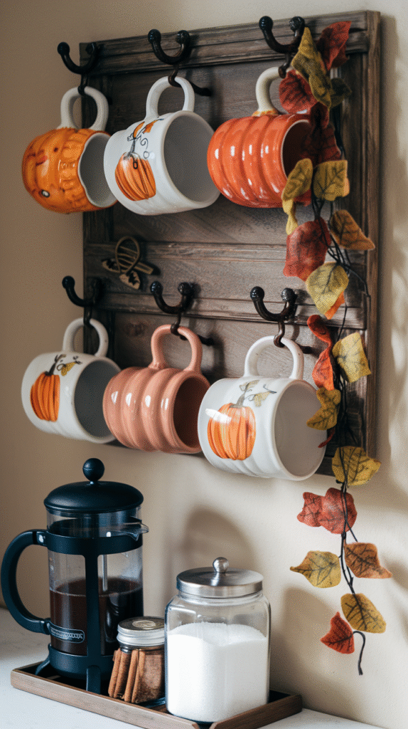 Seasonal mug rack serving as functional kitchen decor