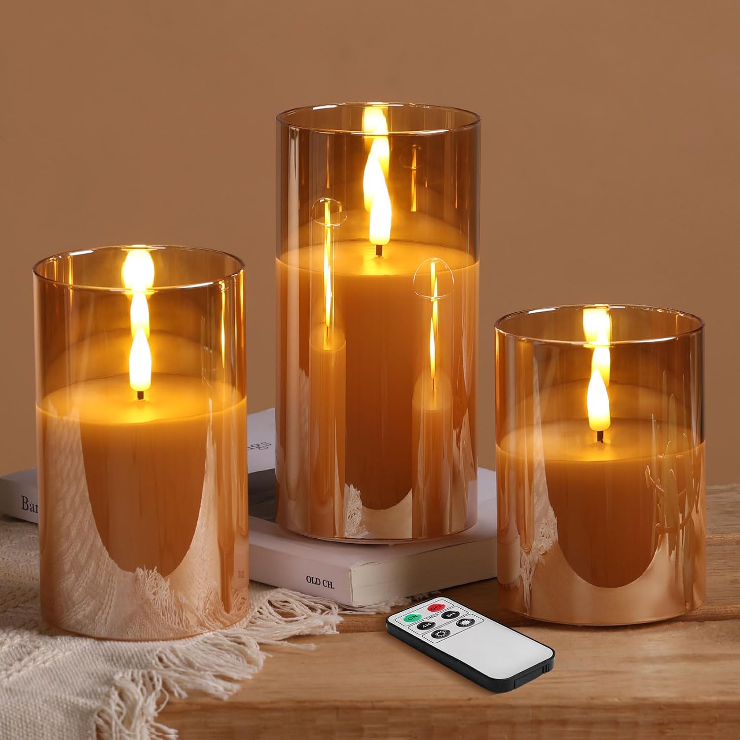 Eywamage Gold Glass Flameless Pillar Candles with Remote