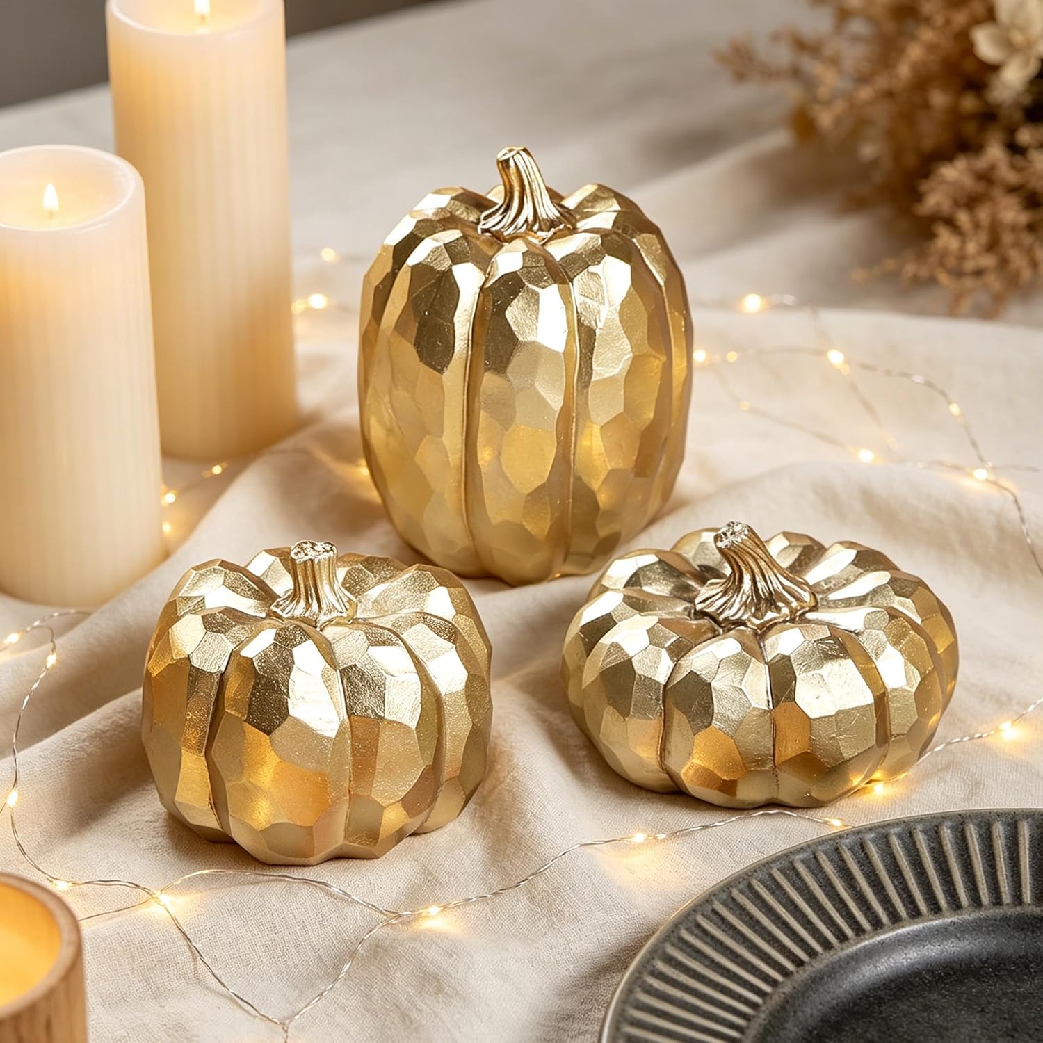 winemana Gold Fall Pumpkin Decor Centerpieces, 3 Pack