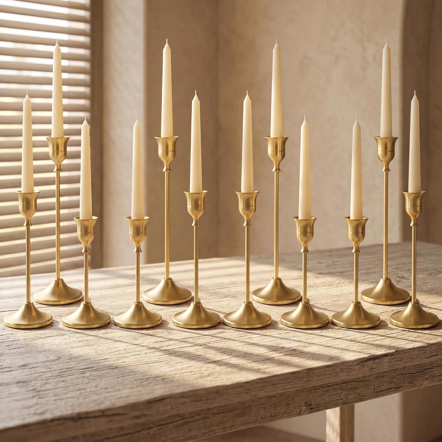 Gold Taper Candlestick Holders, 12 Pcs, Vintage Metal