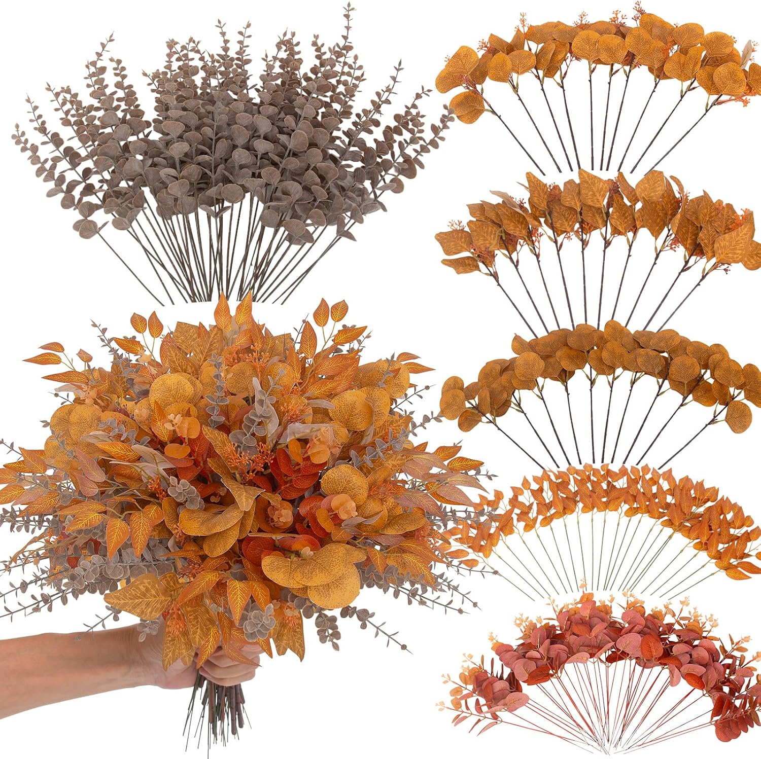 lovemoon Fall Mixed Greenery Artificial Eucalyptus Stems, Orange, 130 Pcs